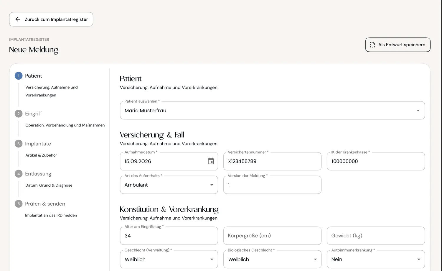 Das Registerportal: Schritt eins einer neuen Meldung mit Patientendaten, Versicherung und Konstitution, links die fünf Schritte des Meldewegs.